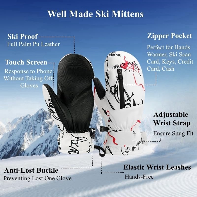 Waterproof Ski Mittens with Inside Gloves Liners for Women Men Youth Cold Weather Snow Gloves with Hands Warmer Zipper Pocket Ski Trip Winter Gloves for Skiing, Snowboarding, Snowmobiling, Dog Walking