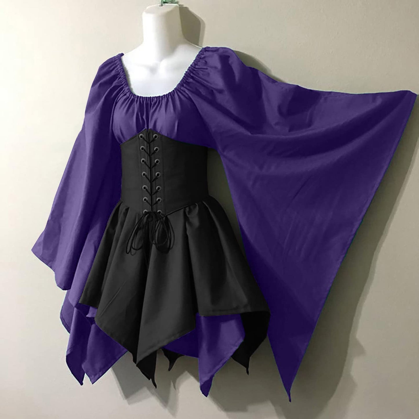KEGIRLOM Lightning Deals Today Women's Medieval Renaissance Dress Costume Flare Sleeve Corset Skirt Overskirt Elven Archer Irish Over Gown 2pcs Set,Renaissance Costume Women Short