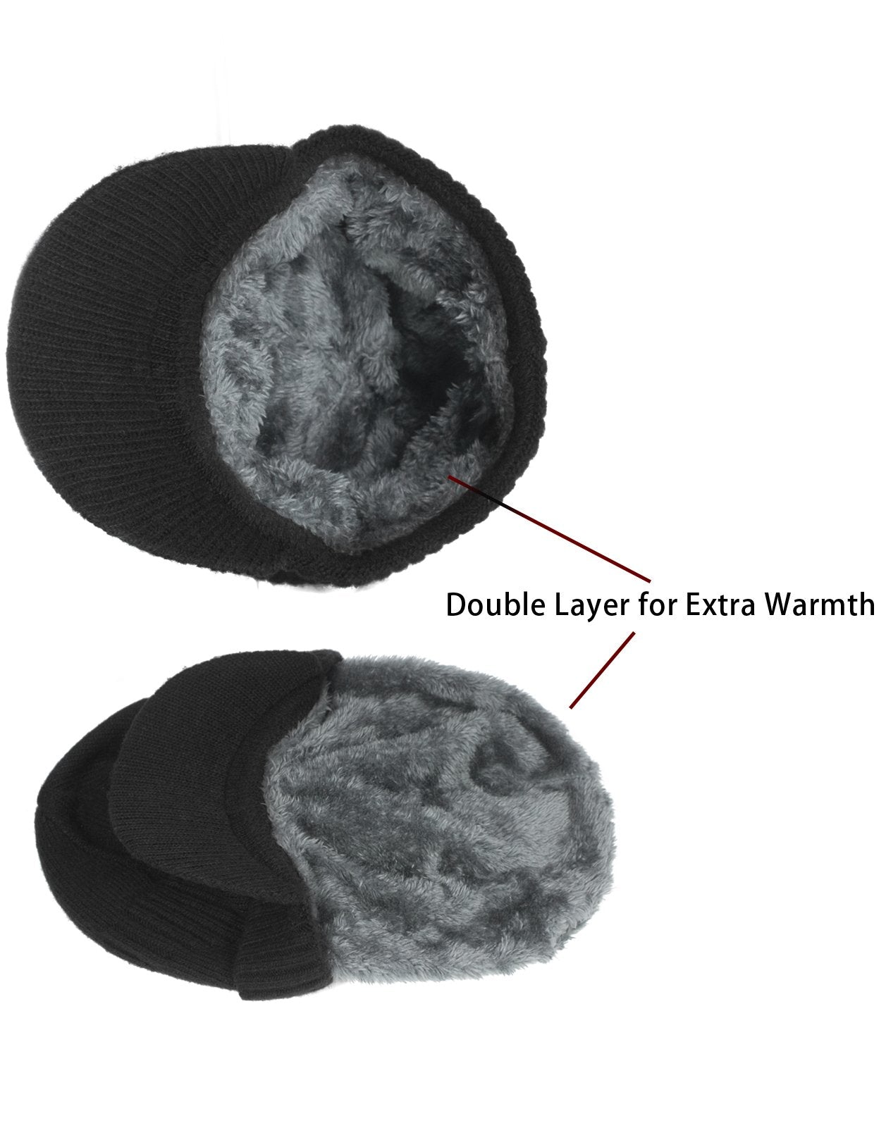 Dahlia Men's Beanie with Visor, Wool Winter Hat, Ribbed, Fleece Lined, Black