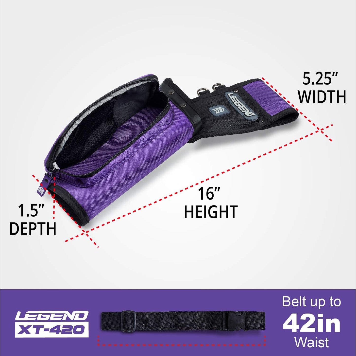 Legend XT420 Archery Field Quiver for Arrows - Right Handed Archery Hip Quiver with Belt, 3 Arrow Compartments - Storage Pocket for Archery Accessories - Nylon Material - 5.25"x1.5"x16" Purple