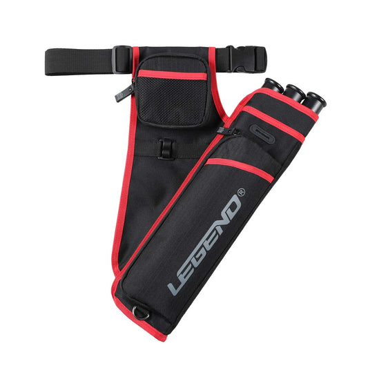 Legend First Archery Quiver Case for Arrows - Right Handed Target Shooting Hip Quivers with Adjustable Belt & 3 Arrow Tubes - Durable T-Slot & Storage Pockets for Accessories & Score Card - Black/Red