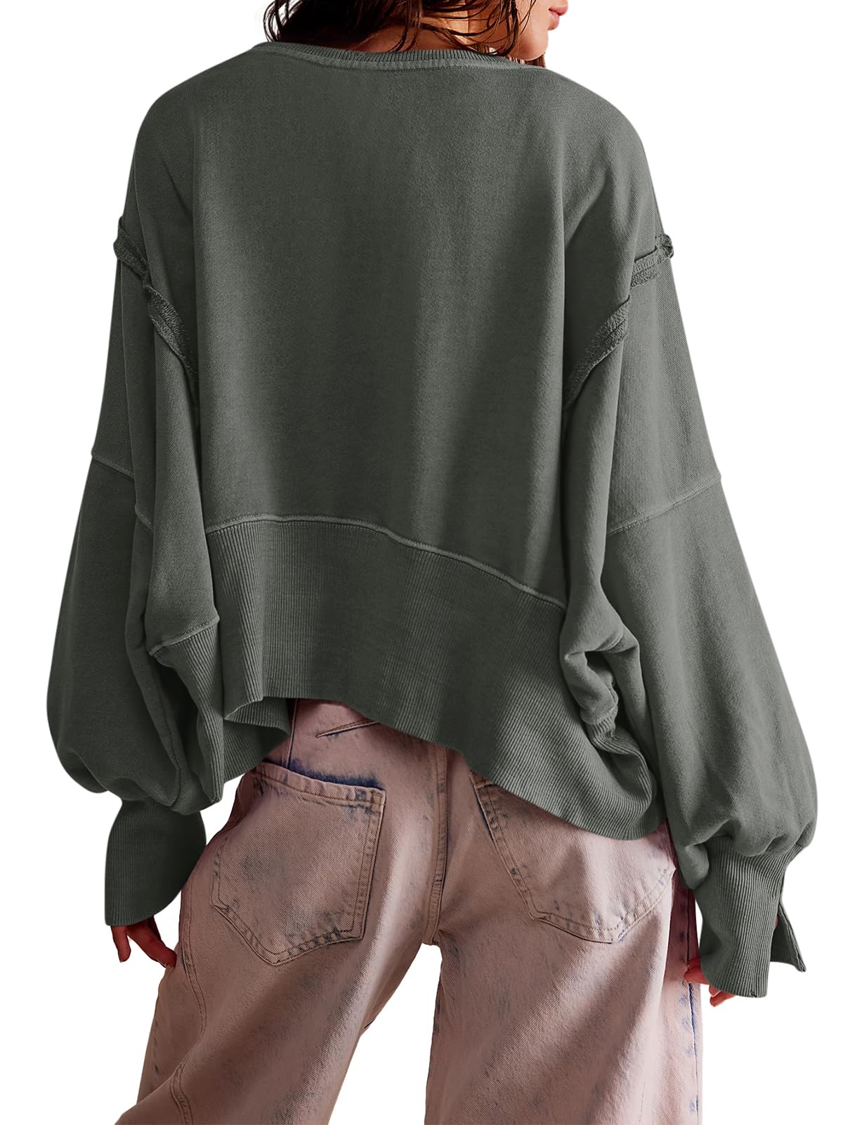 Zwurew Womens Pullover Tops Crewneck Long Sleeve Split Sweatshirt Winter Fashion 2024 Trendy Grey M
