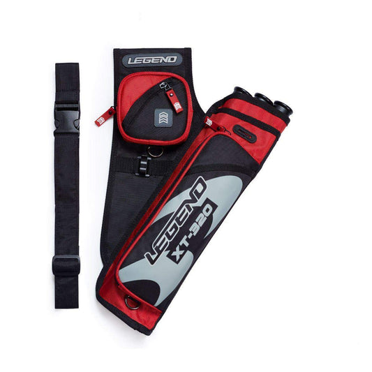 Legend XT320 Archery Quivers - Left Handed Nylon Hip Quivers with 3 Arrow Tube Cases for Target Shooting - Adjustable Waist Belt, T-Slot, Compartments for Accessories, Tools, Release Tab - Red