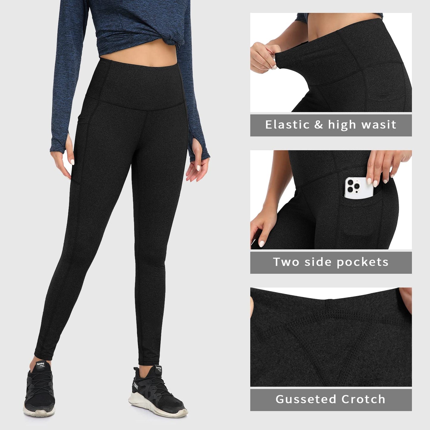 Soneven Women's Winter Thermal Leggings with Pockets Fleece Lined Leggings High Waisted Warm Legging Running Hiking Black