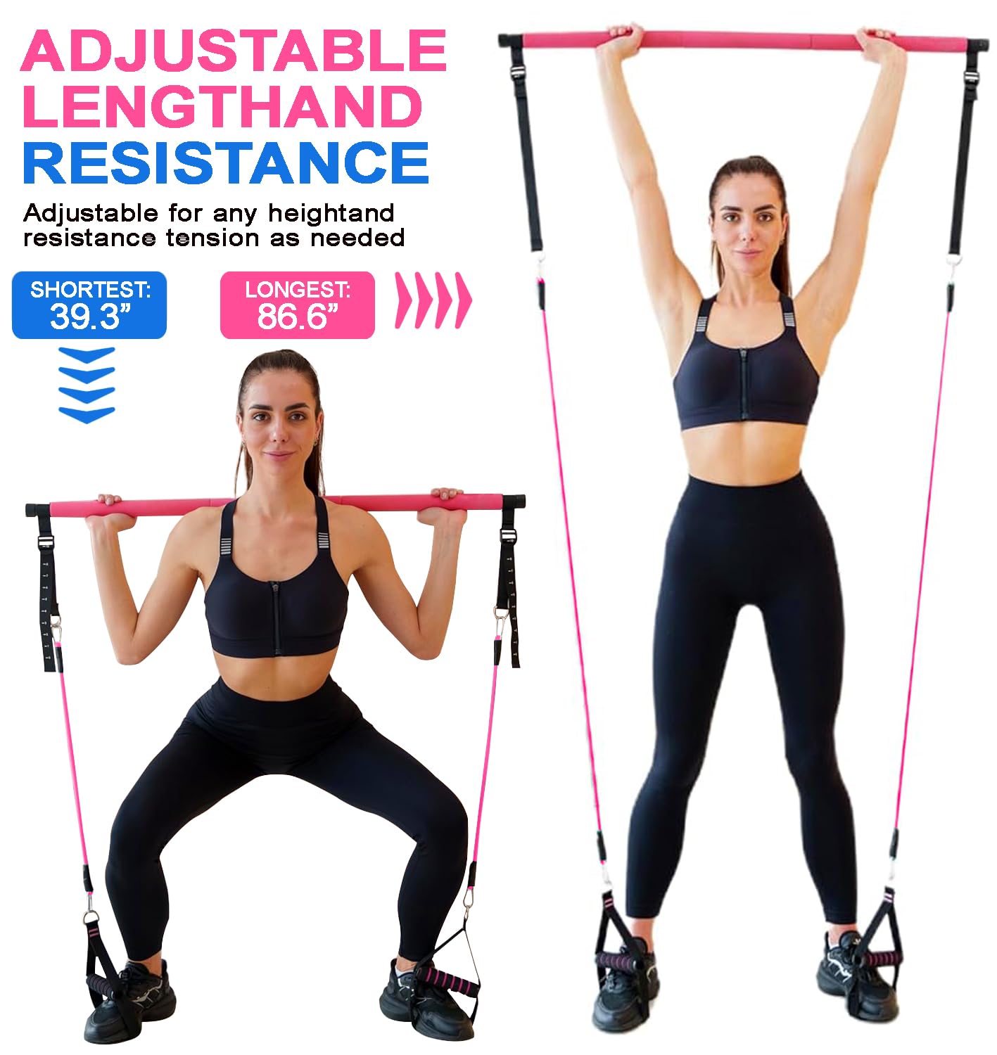 Pilates Bar Kit with Resistance Bands, Upgraded Multifunctional Screw Yoga Pilates Bar with Metal Adjustment Buckle, Portable Home Gym Pilates Bar for Women Full Body Workout Equipment Pink…