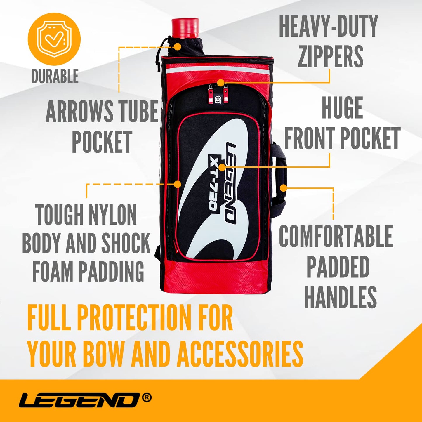 Legend XT720 Bow Backpack for Recurve Bow - Nylon Takedown Recurve Archery Bow Bag - Storage Compartments for Accessories & Gear - Protective Padding for Equipment Safety - Includes Arrow Tube Case