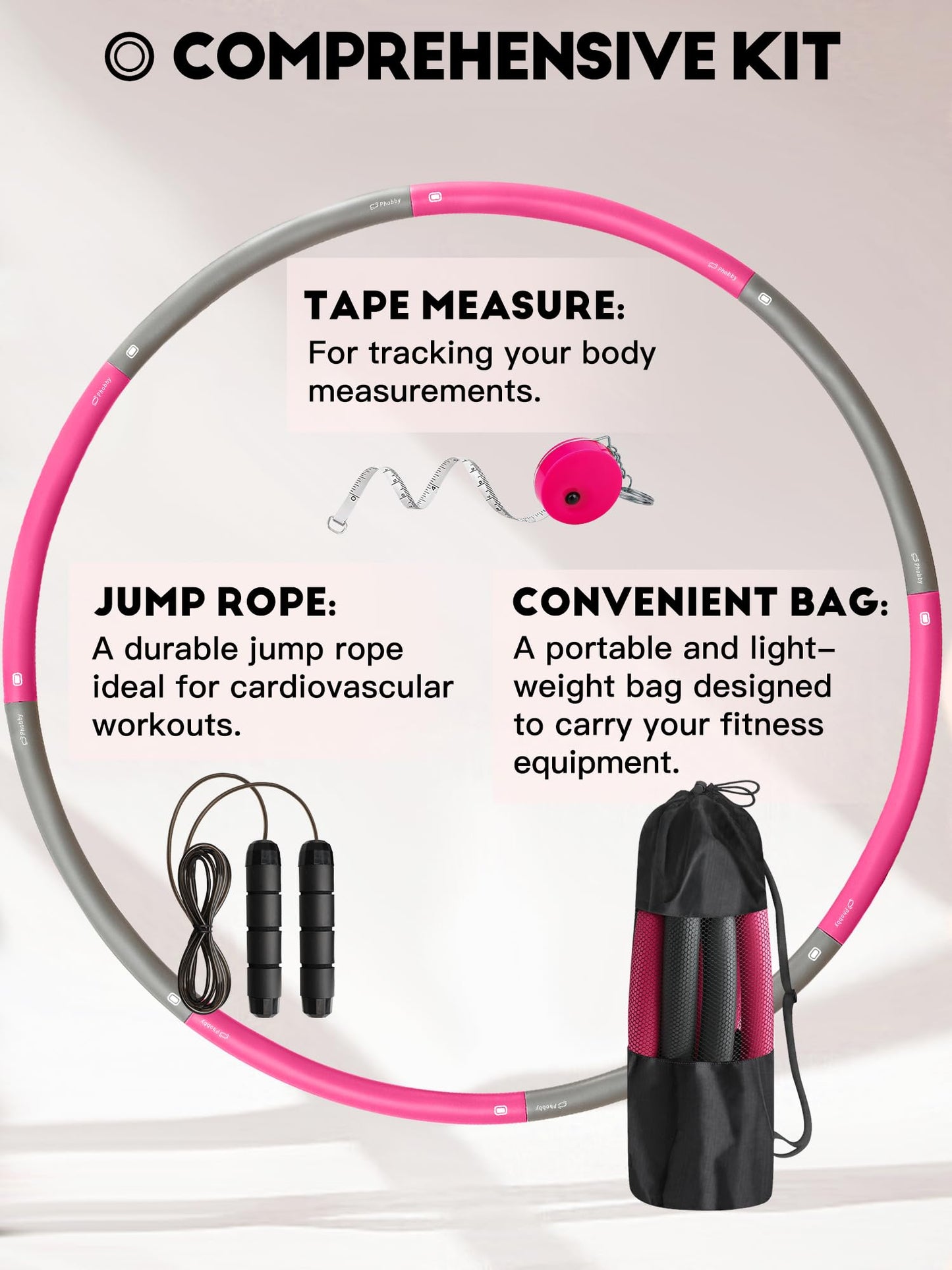 Phobby Weighted Exercise Hoop for Adults, 2.2lb Detachable Fitness Hoop, Adjustable Hoop with Jump Rope, Tape Measure and Carry Bag, Home Gym Workout (Pink Grey)