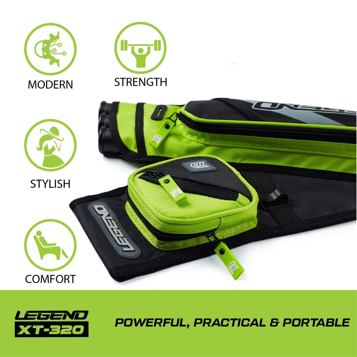 Legend XT320 Archery Quivers - Left Handed Nylon Hip Quivers with 3 Arrow Tube Cases for Target Shooting - Adjustable Waist Belt, T-Slot, Compartments for Accessories, Tools, Release Tab - Green