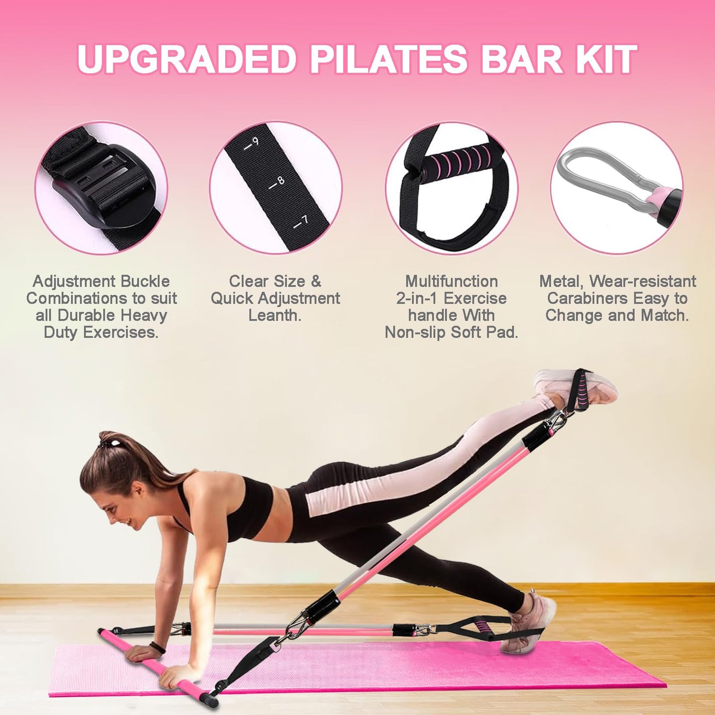 Pilates Bar Kit with Resistance Bands, Upgraded Multifunctional Screw Yoga Pilates Bar with Metal Adjustment Buckle, Portable Home Gym Pilates Bar for Women Full Body Workout Equipment Pink…