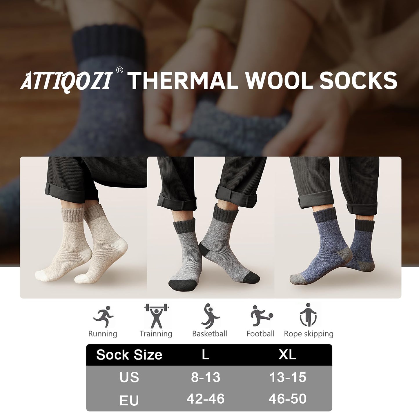 ATTIQOZI 6 Pairs Men's Merino Wool Crew Socks - Thermal Winter Warm Breathable Cozy Cold Weather Hiking Socks for Men 6 Gray 12-15