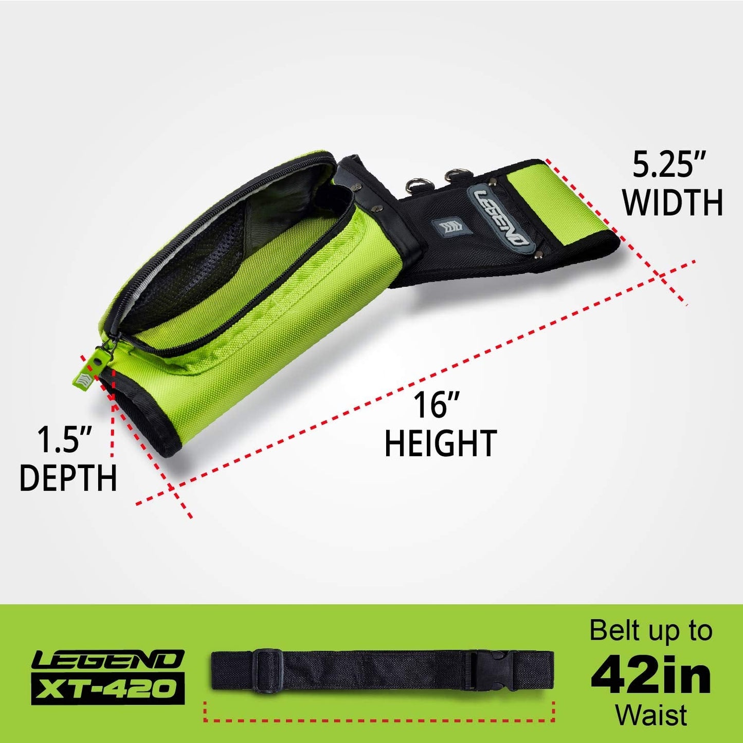 Legend XT420 Archery Field Quiver for Arrows - Right Handed Archery Hip Quiver with Belt, 3 Arrow Compartments - Storage Pocket for Archery Accessories - Nylon Material - 5.25"x1.5"x16" Green
