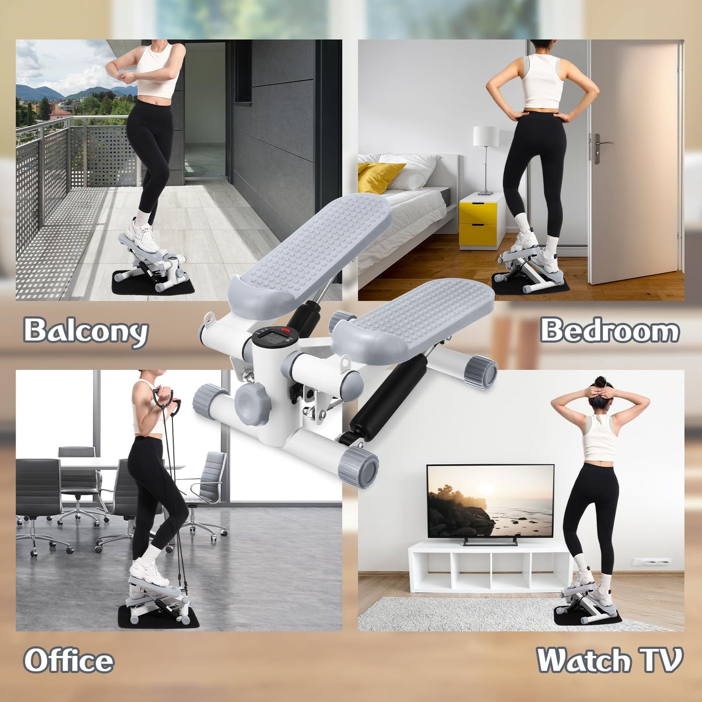 Lemosae Steppers for Exercise Fitness Stair Stepper with 300 lb Loading Capacity Mini Stepper Stair with LCD Monitor and Resistance Bands Adjustable for Home Office Workouts (Gray)