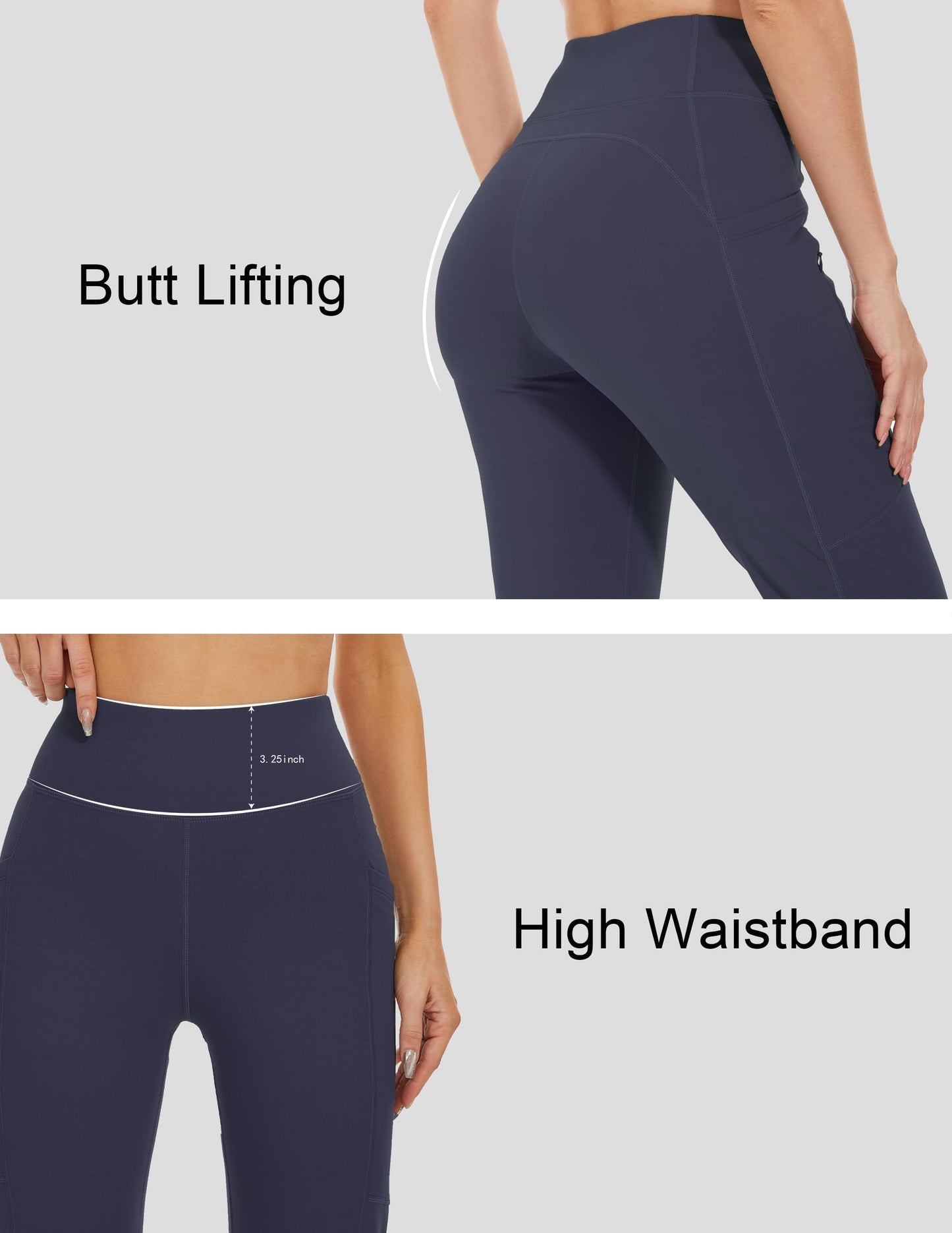 SOOWOT Fleece Lined Pants Women Flare Leggings High Waisted Winter Thermal Warm Workout Bootcut Yoga Pants with Pockets Navy Blue S