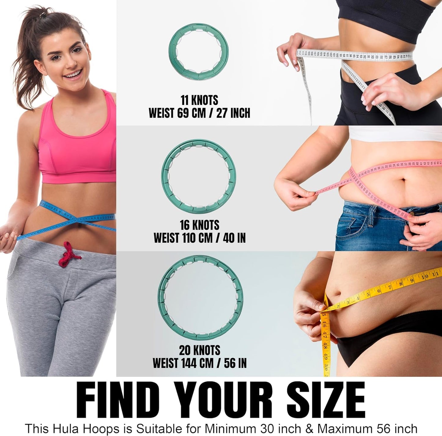 Smart Weighted Hula Ring Hoops, Hula Circle 28 Detachable Fitness Ring with 360 Degree Auto-Spinning Ball Massage, Gymnastics, Adult Fitness for Weight Loss (Green)