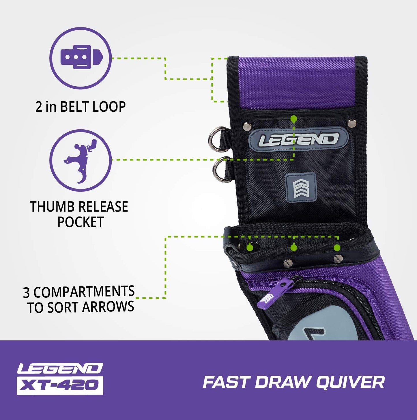 Legend XT420 Archery Field Quiver for Arrows - Right Handed Archery Hip Quiver with Belt, 3 Arrow Compartments - Storage Pocket for Archery Accessories - Nylon Material - 5.25"x1.5"x16" Purple