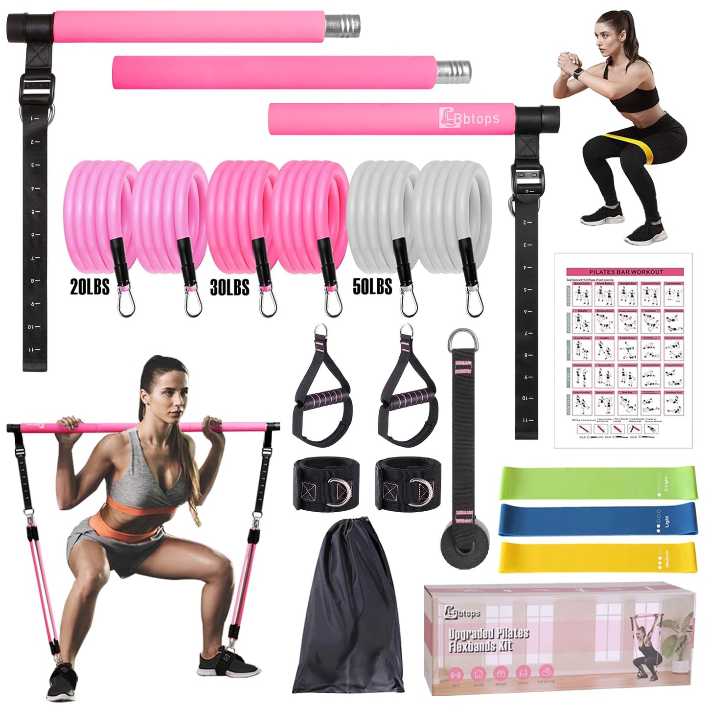 Pilates Bar Kit with Resistance Bands, Upgraded Multifunctional Screw Yoga Pilates Bar with Metal Adjustment Buckle, Portable Home Gym Pilates Bar for Women Full Body Workout Equipment Pink…