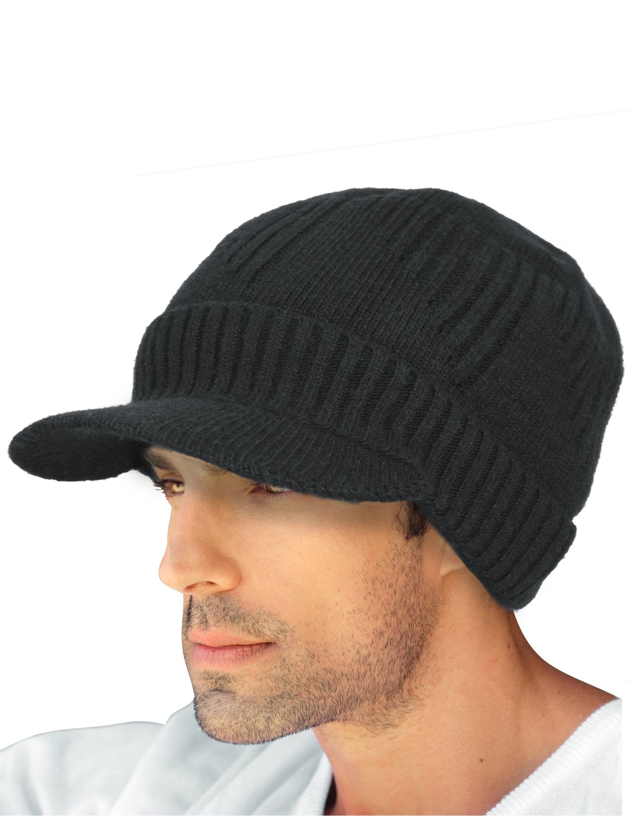 Dahlia Men's Beanie with Visor, Wool Winter Hat, Ribbed, Fleece Lined, Black