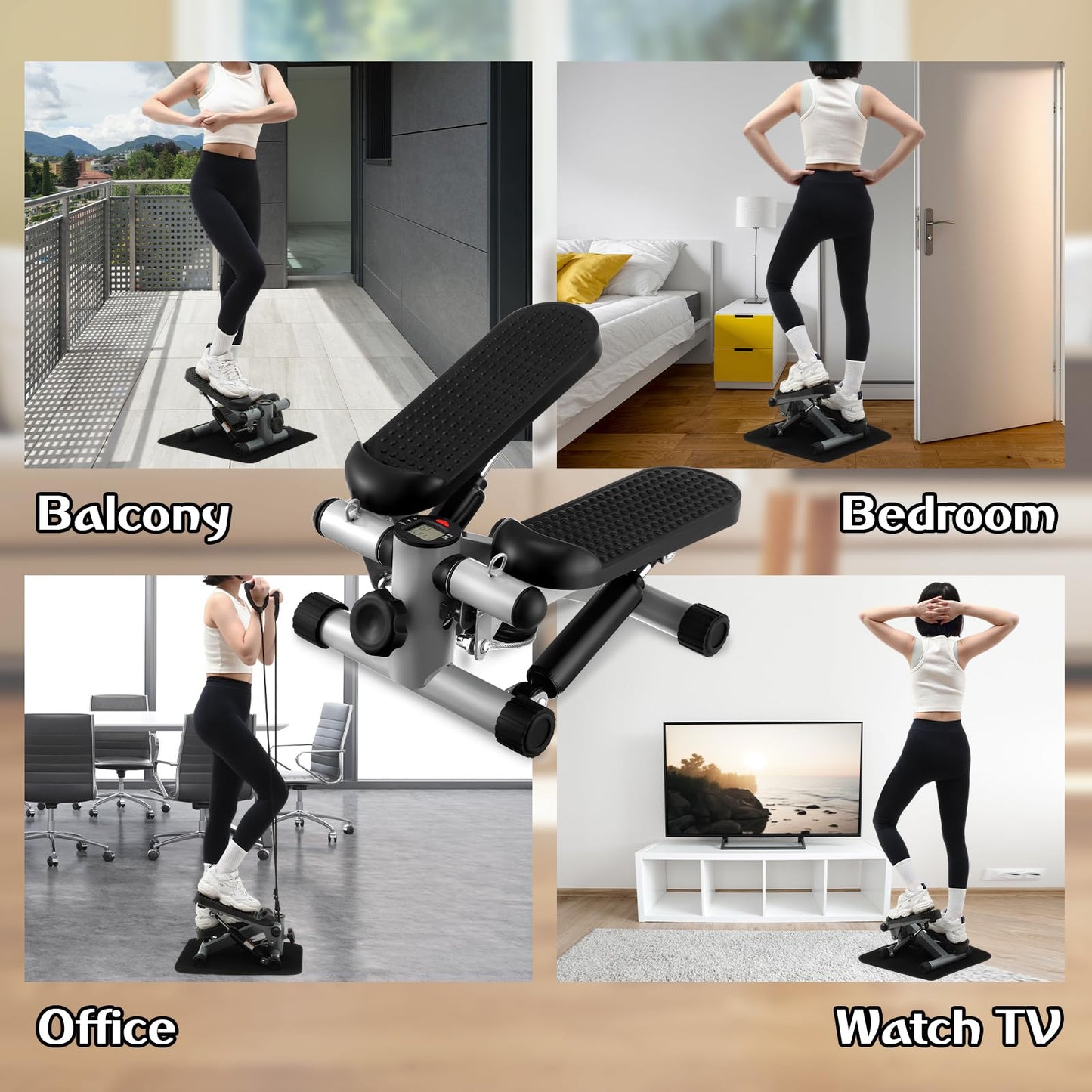 Lemosae Steppers for Exercise Fitness Stair Stepper with 300 lb Loading Capacity Mini Stepper Stair with LCD Monitor and Resistance Bands Adjustable for Home Office Workouts (Silver Gray)