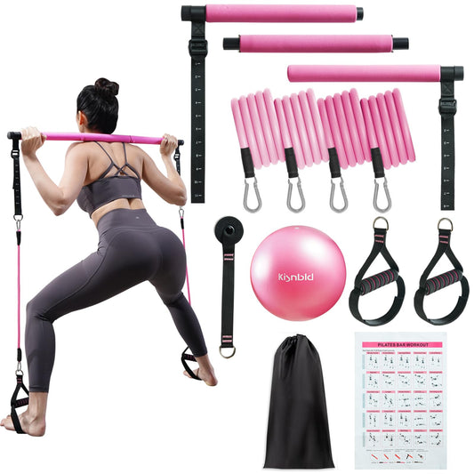 kisnbld Pilates Bar Kit with Resistance Bands, Multifunctional Pilates Equipment with Pilates Ball, 2 in 1 Handles & Door Anchor, Portable Pilates Bar for Women Home Gym Yoga Workouts