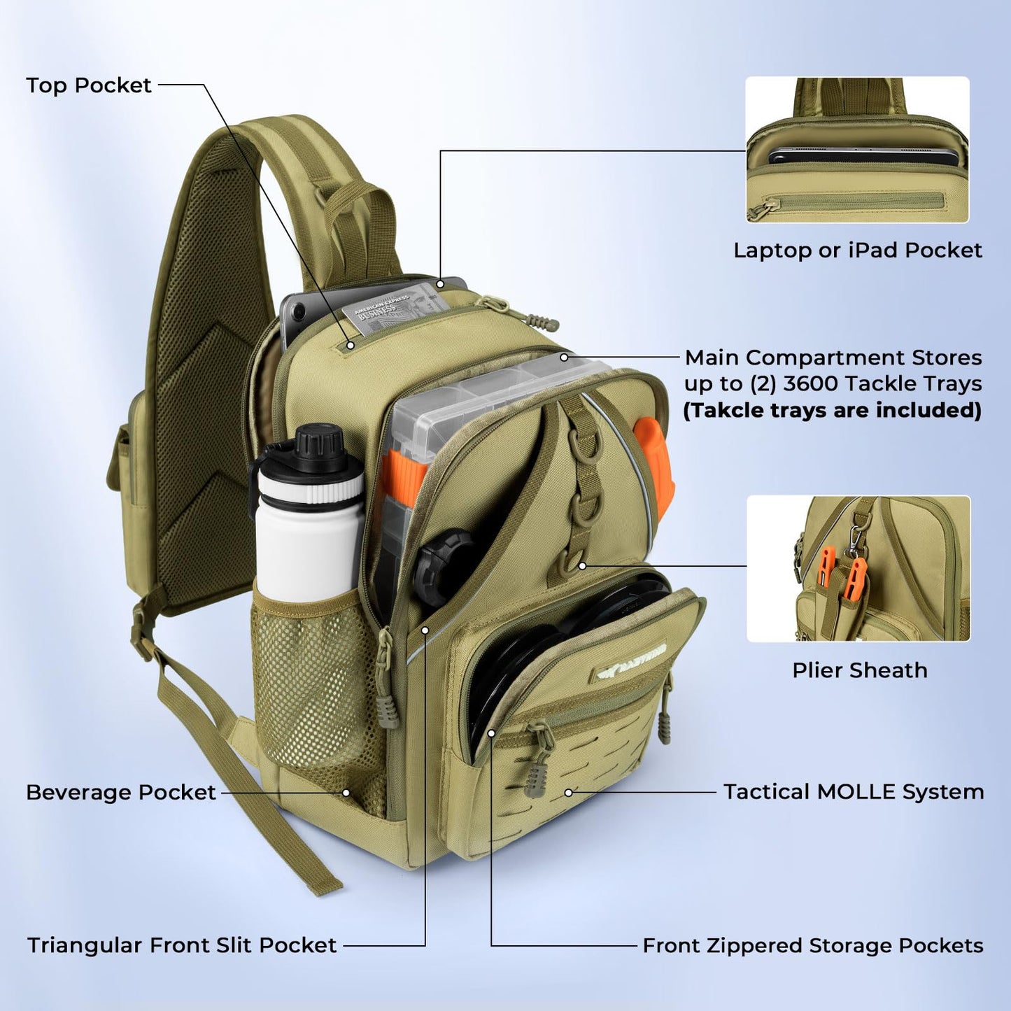 KastKing Karryall Fishing Sling Tackle Bag with 2 Tackle Trays, Tactical Fishing Tackle Storage Bag, Fishing Gear Storage