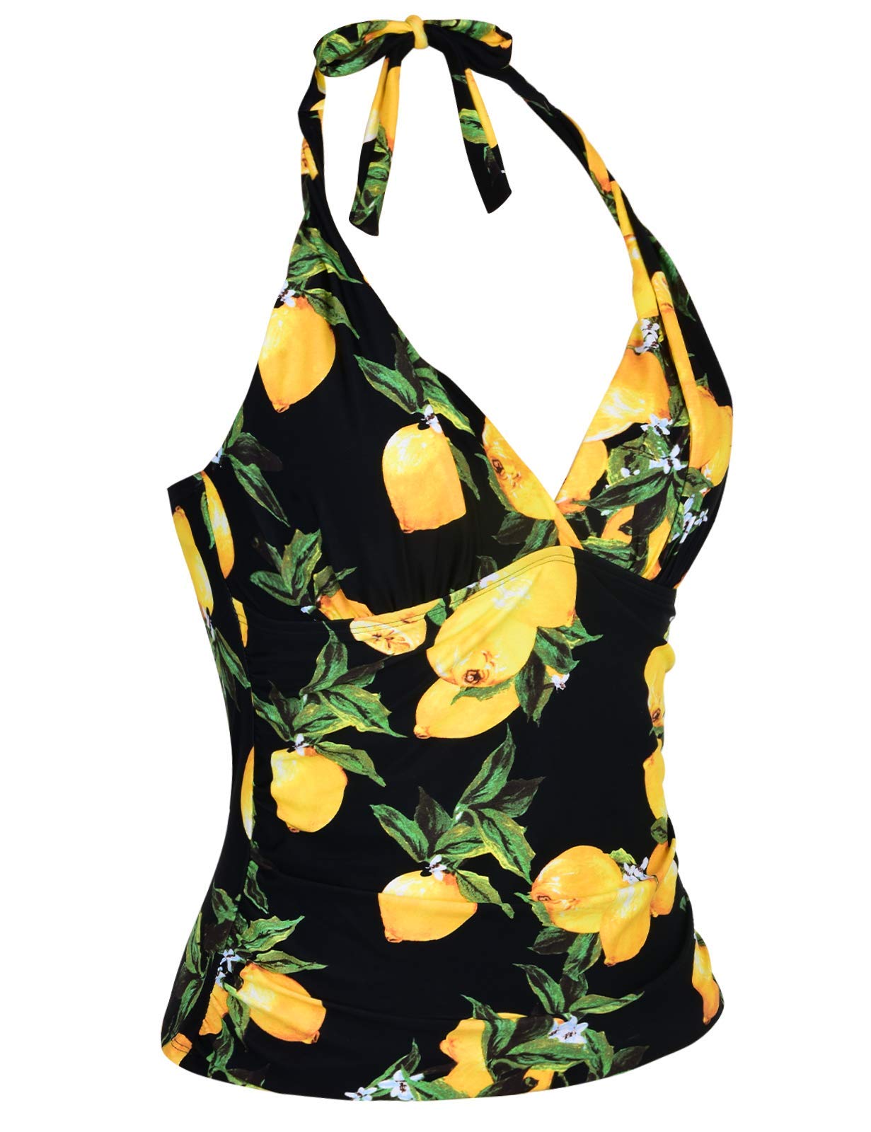 Mycoco Women's Halter Swim Top V Neck Swimwear Front Shirred Tankini Top (Black&lemon, 10)