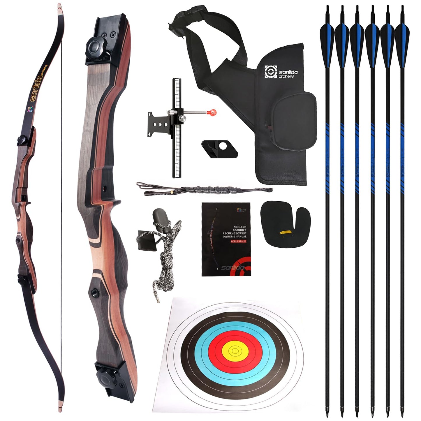 Sanlida Noble Standard Beginner & Intermediate Recurve Bow and Arrows Kit for Adult and Youth, Wooden Takedown Recurve Bow Package for Training, Practice & Competition RH Only (54", 10lbs)