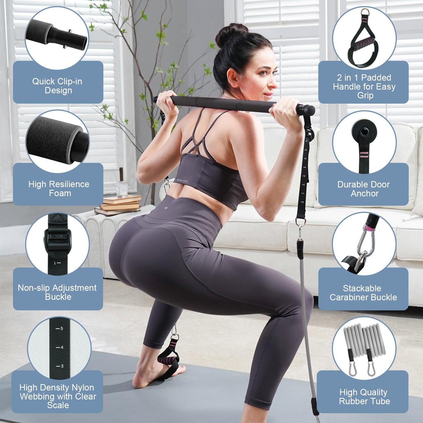 kisnbld Pilates Bar Kit with Resistance Bands, Multifunctional Pilates Equipment with Pilates Ball, 2 in 1 Handles & Door Anchor, Portable Pilates Bar for Women Home Gym Yoga Workouts