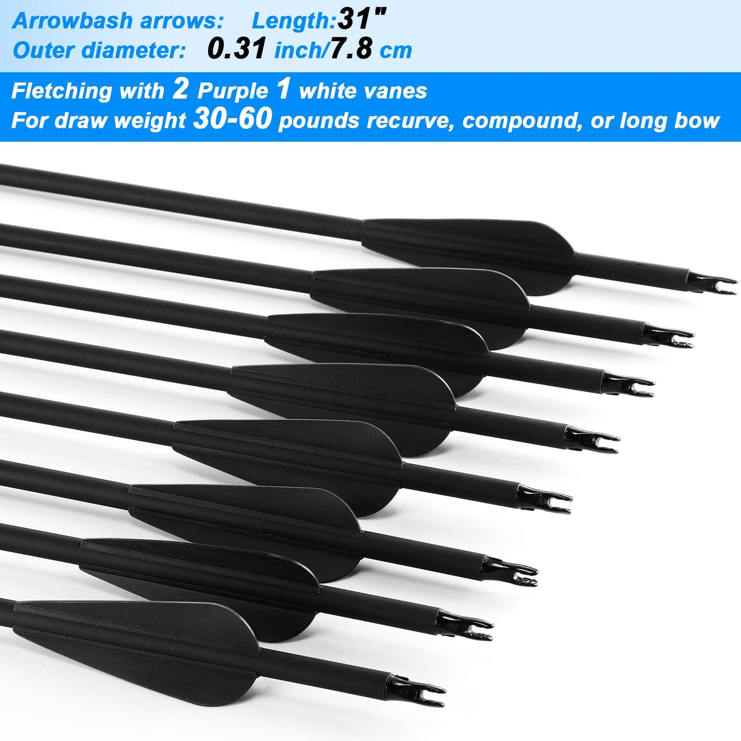 Arrowbash 24 Pcs 31.5 Inch Arrows for Compound Bow Hunting Arrows Carbon Arrows with 3 Inch Plastic Arrow Feathers and Removable Tips 500-600 Spine Archery Target Arrows for Recurve Bow(Black)