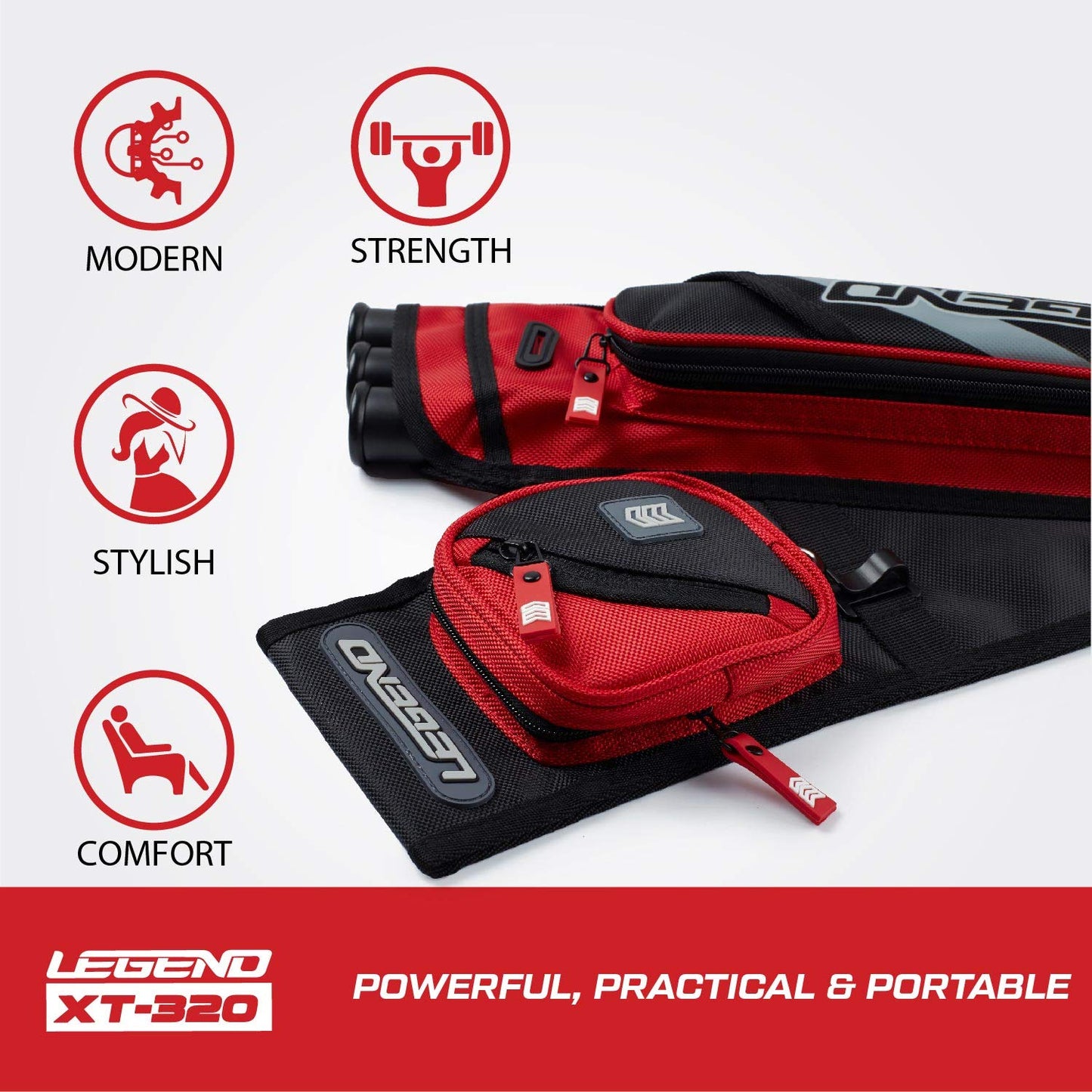 Legend XT320 Archery Quivers - Left Handed Nylon Hip Quivers with 3 Arrow Tube Cases for Target Shooting - Adjustable Waist Belt, T-Slot, Compartments for Accessories, Tools, Release Tab - Red