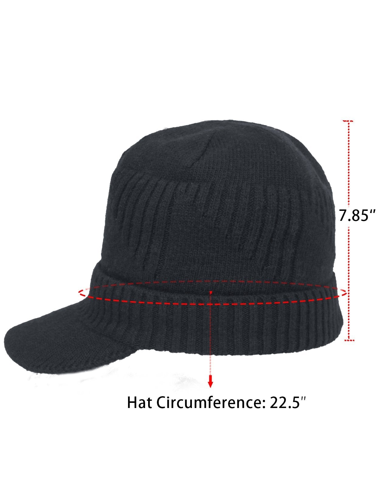 Dahlia Men's Beanie with Visor, Wool Winter Hat, Ribbed, Fleece Lined, Black