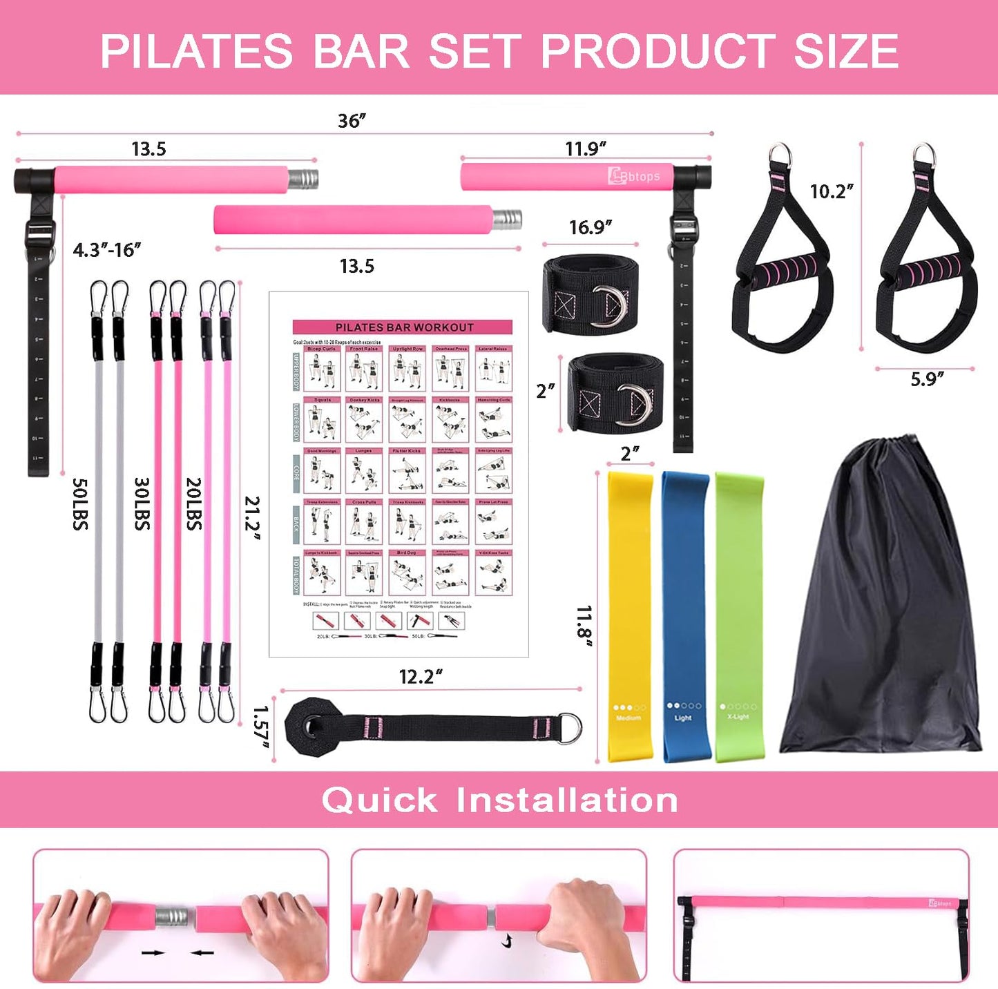 Pilates Bar Kit with Resistance Bands, Upgraded Multifunctional Screw Yoga Pilates Bar with Metal Adjustment Buckle, Portable Home Gym Pilates Bar for Women Full Body Workout Equipment Pink…