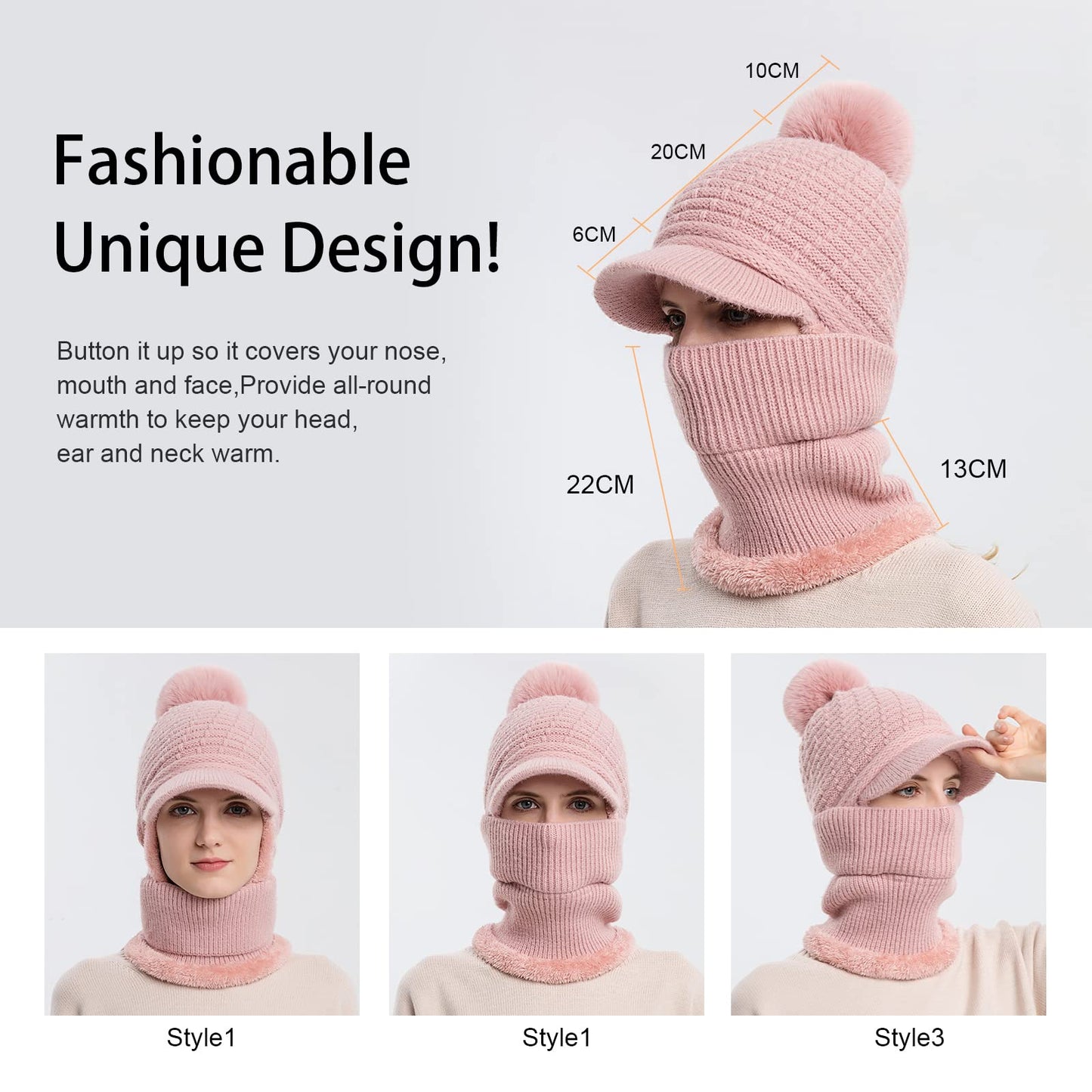 Fleece Lined Womens Beanie Knit Hat,Winter Scarf Mask Set for Women,Girls Snow Caps Earmuffs Hats with Pom (Grey)