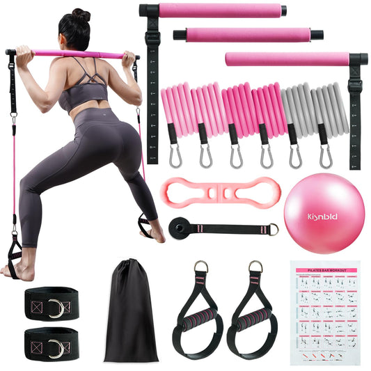 kisnbld Pilates Bar Kit with Resistance Bands, Multifunctional Pilates Bar with 3 Set Exercise Resistance Bands, Portable Pilates Equipment for Women Home Gym Yoga Workouts