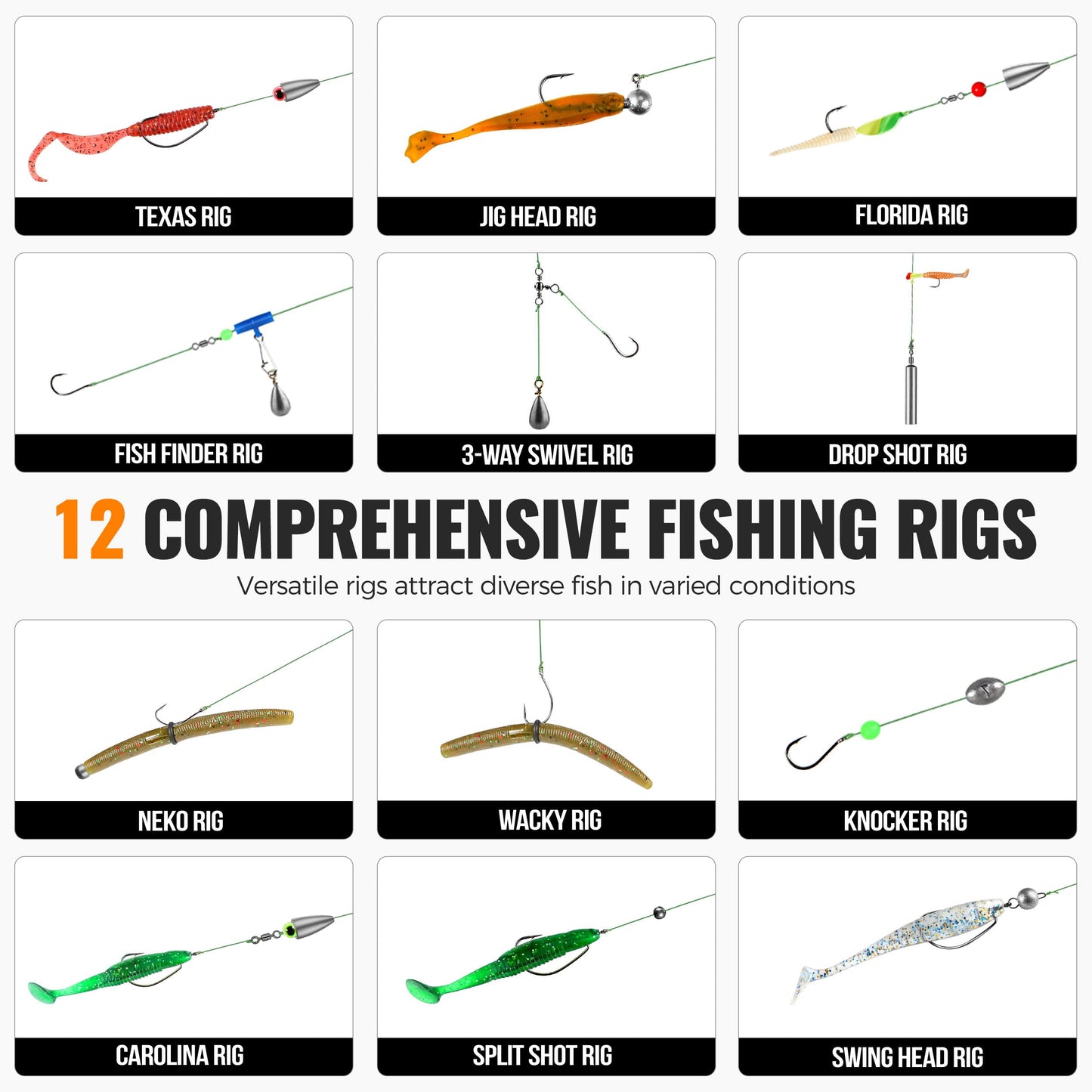 PLUSINNO 397pcs Fishing Accessories Kit, Fishing Tackle Box with Tackle Included, Hooks, Weights, Jig Heads, Swivels Snaps Combined into 12 Rigs, Fishing Gear Equipment for Bass