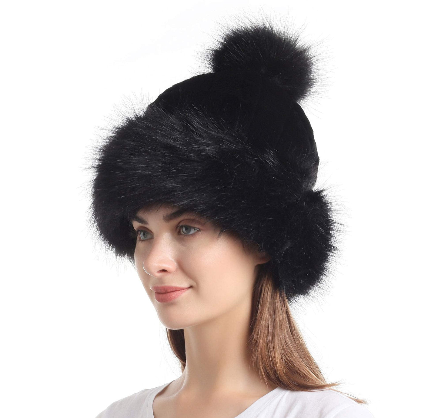 LA CARRIE Women's Faux Fur Hat Russian Cossack Pompom Cap for Winter Ski Snow(Black)