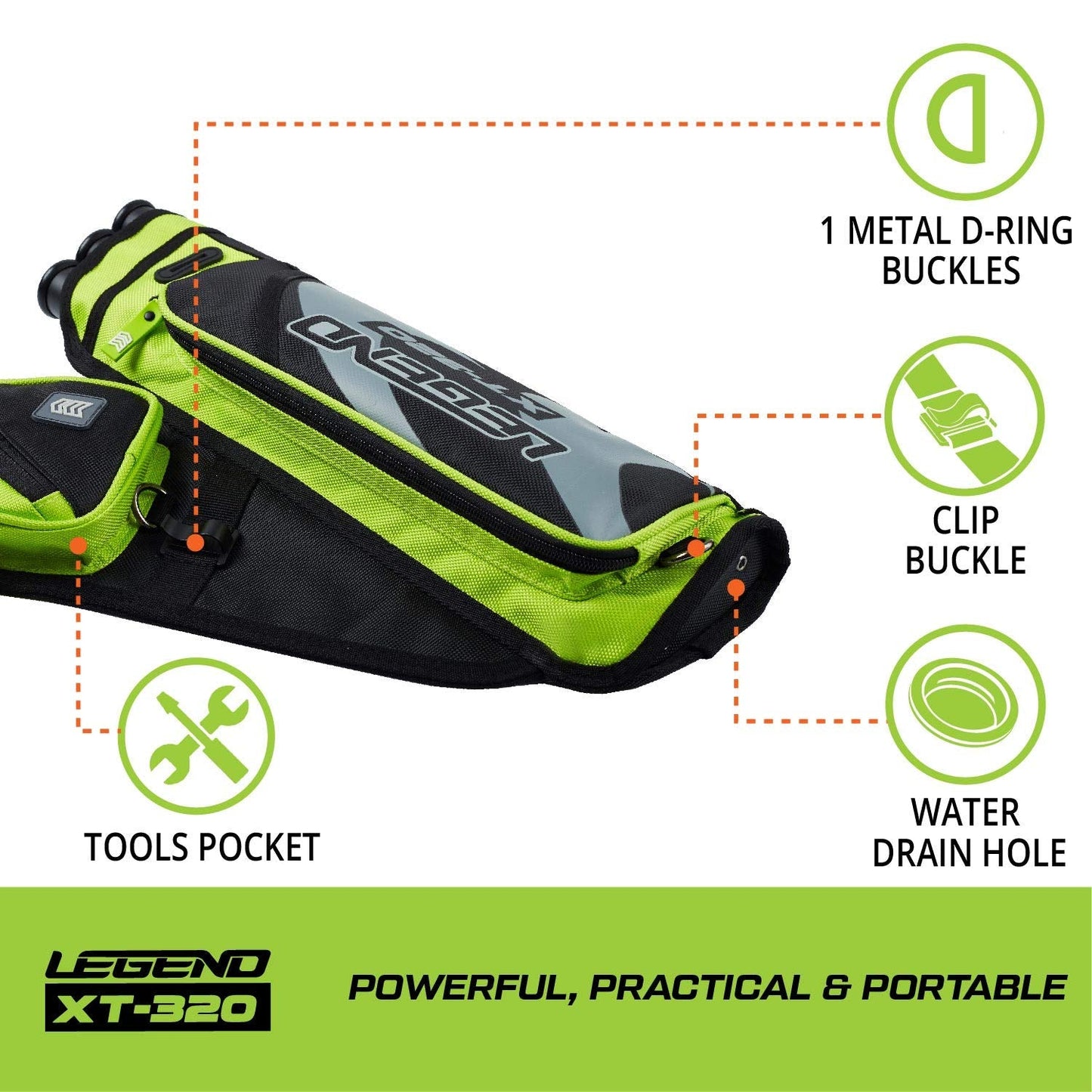 Legend XT320 Archery Quivers - Left Handed Nylon Hip Quivers with 3 Arrow Tube Cases for Target Shooting - Adjustable Waist Belt, T-Slot, Compartments for Accessories, Tools, Release Tab - Green
