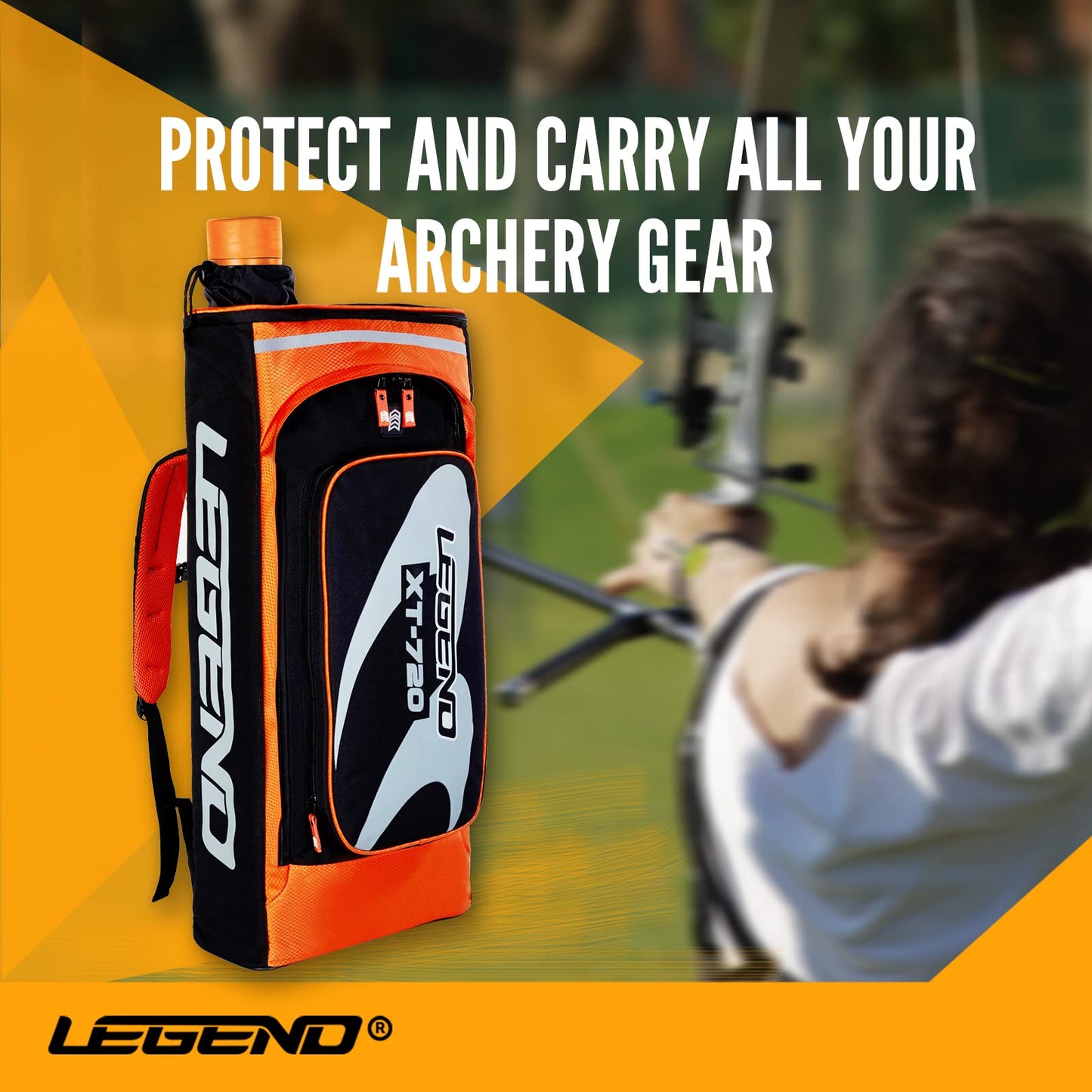 Legend - XT720 Recurve Bow Case (Orange) | Backpack Style Bag with Heavy Duty Foam Padding for Portable Protection of Recurve Bows & Risers up to 27" | Telescopic Arrow Tube Extends Up to 35"
