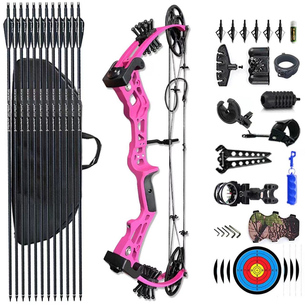 PANDARUS Compound Bow Set 15-45lbs for Pull Beginner and Teens Right Handed Adjustable 18"-29" Draw Length, 320 FPS Speed, Hunting Bow Archery Set New 2024 (Pink Right Handed Bag Pro)
