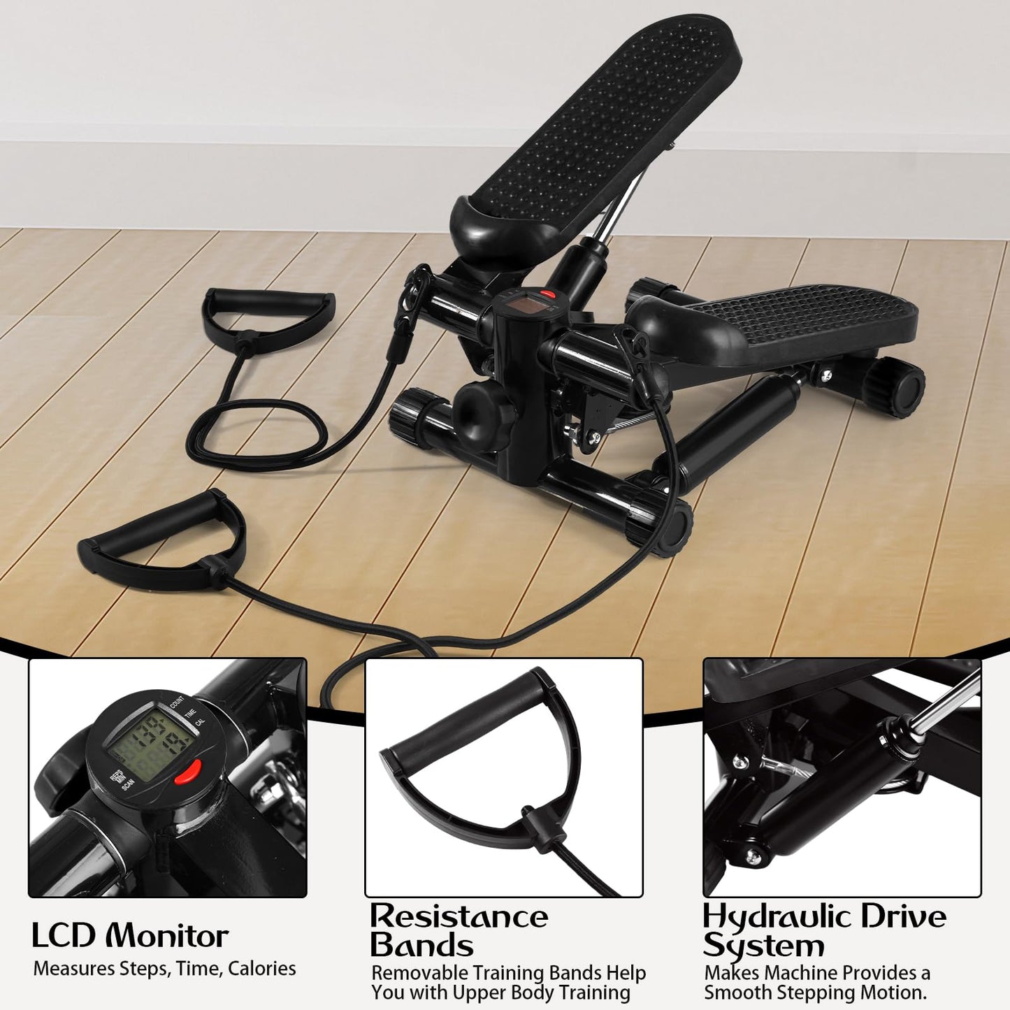 Lemosae Steppers for Exercise Fitness Stair Stepper with 300 lb Loading Capacity Mini Stepper Stair with LCD Monitor and Resistance Bands Adjustable for Home Office Workouts (Black)