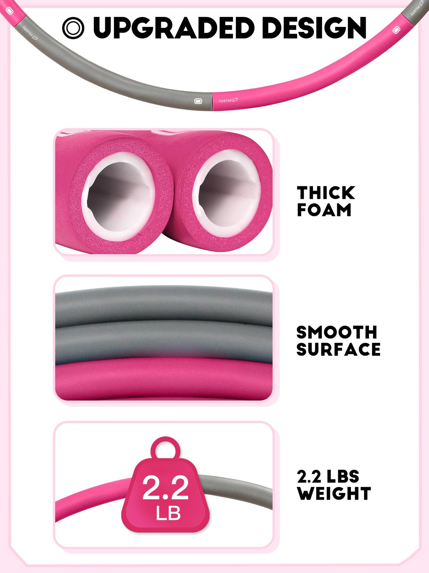 Phobby Weighted Exercise Hoop for Adults, 2.2lb Detachable Fitness Hoop, Adjustable Hoop with Jump Rope, Tape Measure and Carry Bag, Home Gym Workout (Pink Grey)