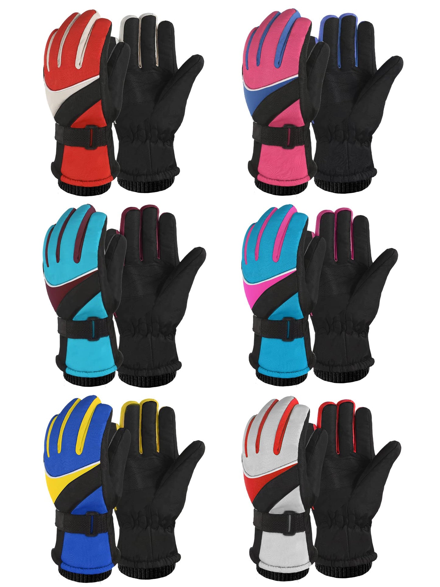 Newcotte Kids Winter Snow Ski Waterproof Gloves Warm Windproof Outdoor Sports Gloves Anti Water Ice Skating Snowboard Gloves for Girls Boys(Vivid Color, 6 Pairs)