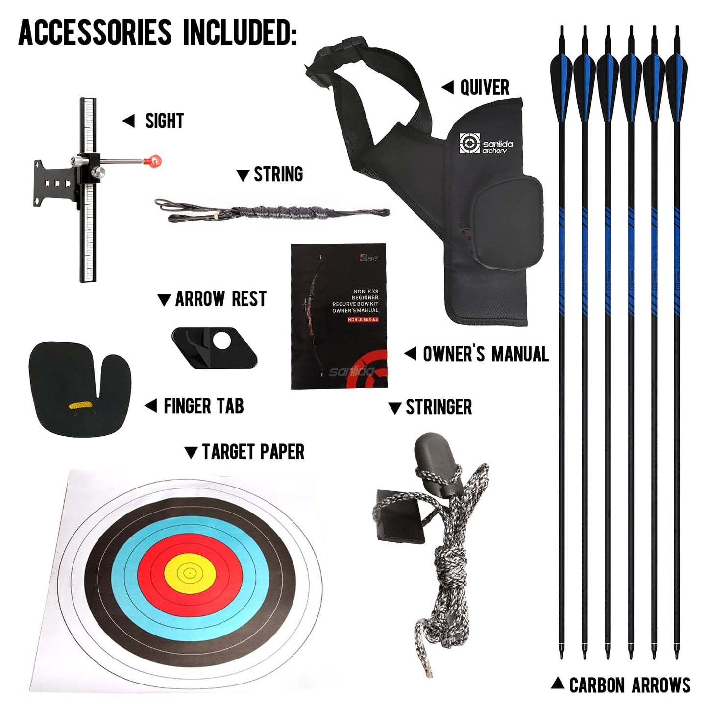 Sanlida Noble Standard Beginner & Intermediate Recurve Bow and Arrows Kit for Adult and Youth, Wooden Takedown Recurve Bow Package for Training, Practice & Competition RH Only (66", 16lbs)