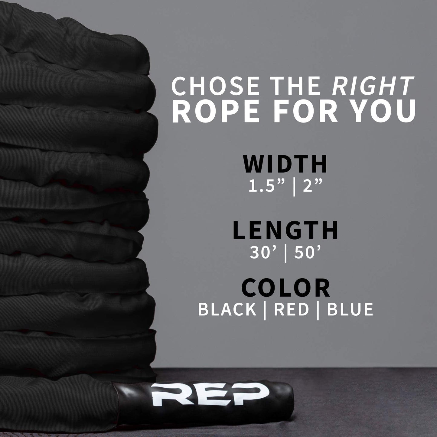 REP Battle Ropes - PolyDacron Battle Rope for Strength and Conditioning Workouts – 1.5" and 2" Diameter, 30ft, 40ft, 50ft Lengths with Optional Cover Sleeve (Black, 1.5 inch x 30 ft)