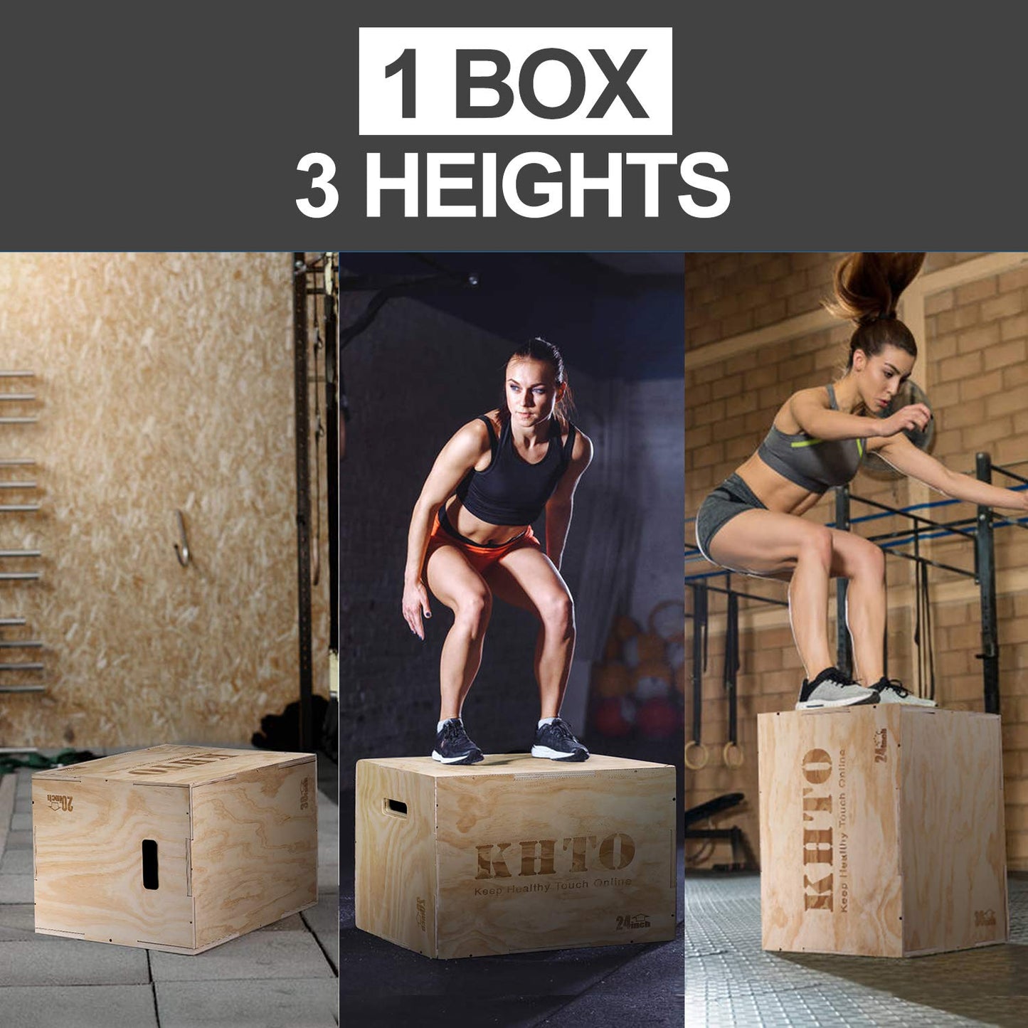 KHTO FITNESS Wood Plyometric Jump Box- 3-in-1 Wood Plyo Box for Exercise Training and Conditioning- Pre-drilled for Easy Assembling (30" x 24" x 20")