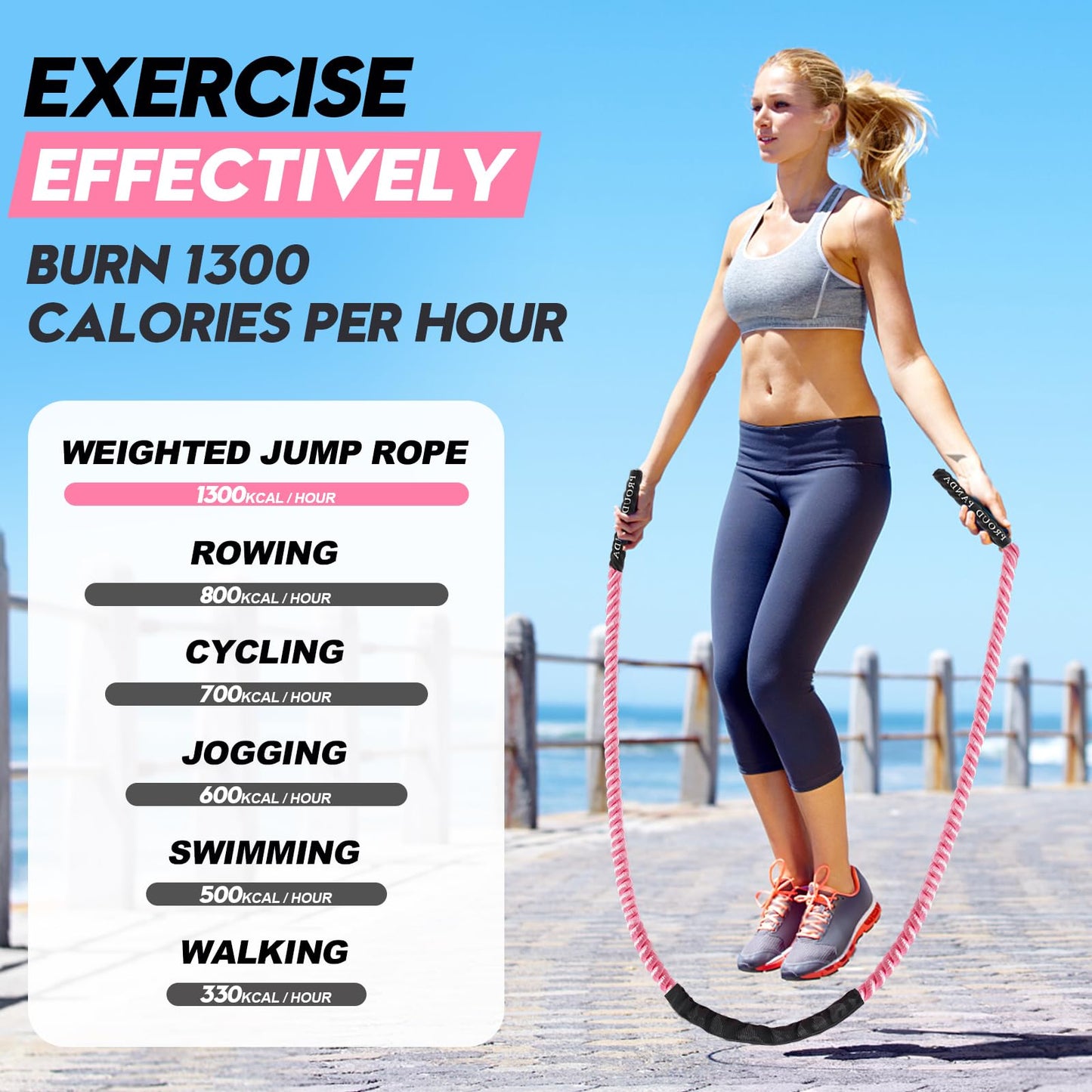 Weighted Jump Ropes for Fitness,Heavy Adult Skipping Rope Exercise Battle Ropes for Men & Women,Total Body Workouts, Power Training in Gym to Improve Strength and Building Muscle(PINK 2.5LB-9.8ft)