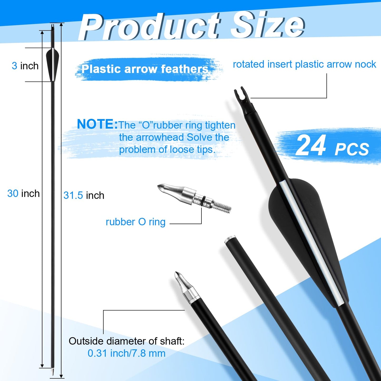 Arrowbash 24 Pcs 31.5 Inch Arrows for Compound Bow Hunting Arrows Carbon Arrows with 3 Inch Plastic Arrow Feathers and Removable Tips 500-600 Spine Archery Target Arrows for Recurve Bow(Black)