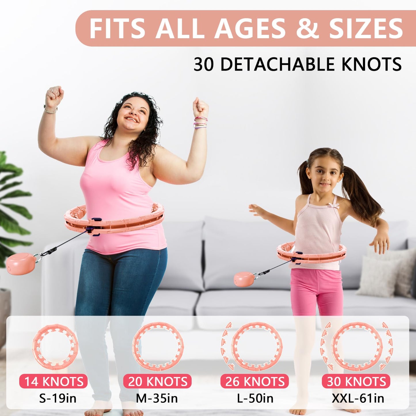Leann L!fe U1-30 Knots, Magnetic Lock Smart Weighted Hula Hoop for Adults Weight Loss, Infinity Hoop Plus Size, Children Adult Home Outdoors, Fitness Exercise, Abdominal Toner, Peach