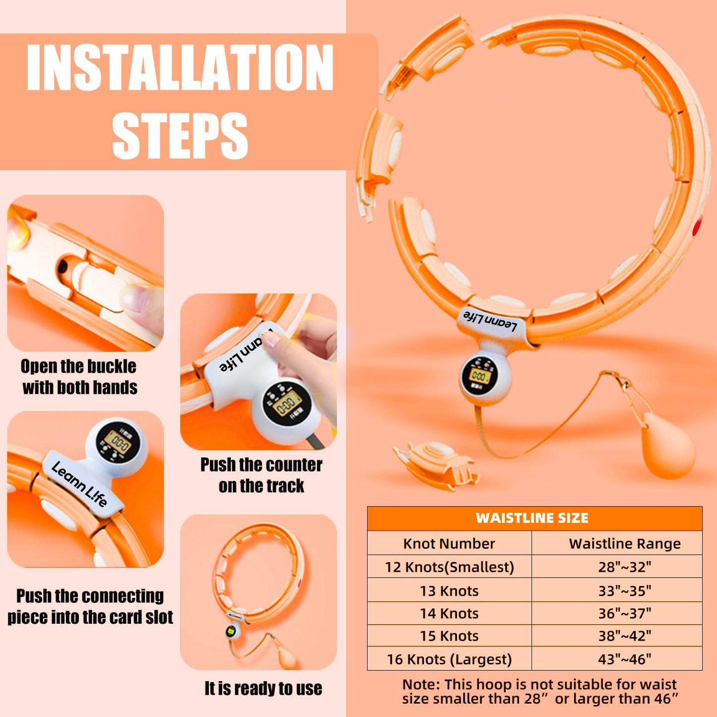 Leann L!fe U5-16 Knots with Counter, U5 Silent Smart Weighted Hula Hoop for Adults Weight Loss Infinity Hoop Plus Size, Home Outdoors Fitness Exercise, Abdominal Toner, (Orange-Waist 28"~46")