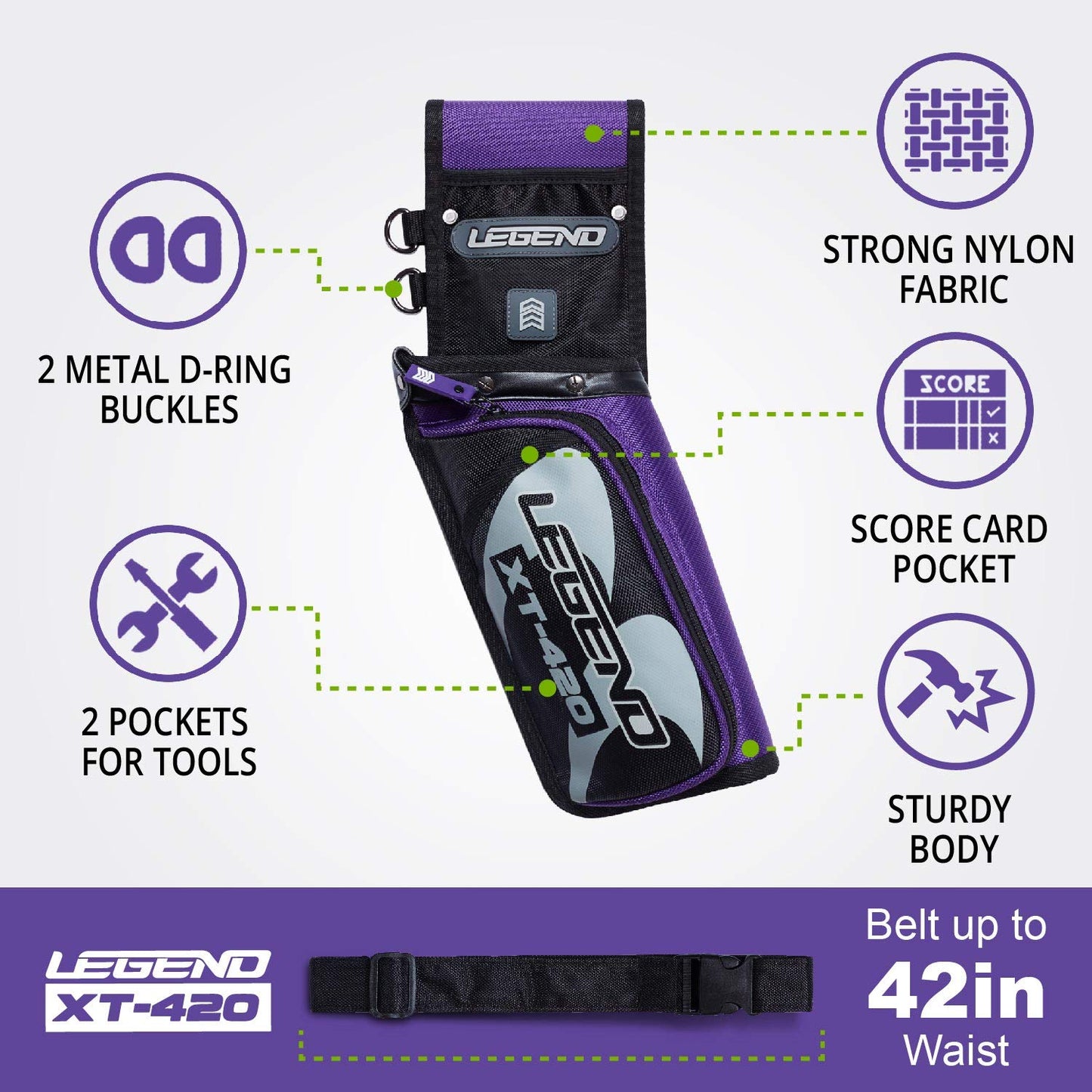 Legend XT420 Archery Field Quiver for Arrows - Right Handed Archery Hip Quiver with Belt, 3 Arrow Compartments - Storage Pocket for Archery Accessories - Nylon Material - 5.25"x1.5"x16" Purple
