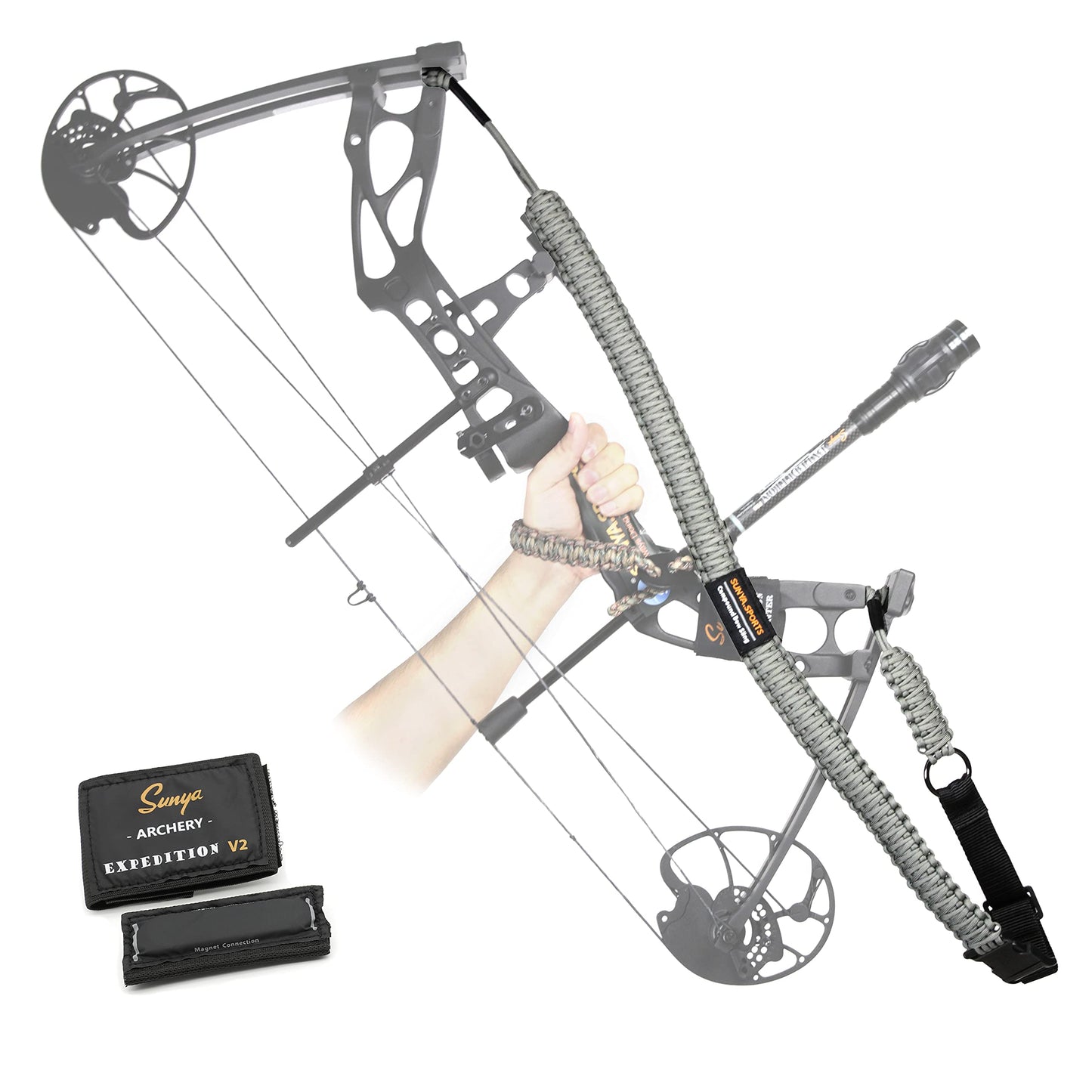 Sunya Paracord Compound Bow Sling with V2 Upgraded Magnetic Connection System. Lightweight Hands Free Shoulder Carrying Sling for Bow Hunting, Field Archery and 3D (Mathews Metal Green)